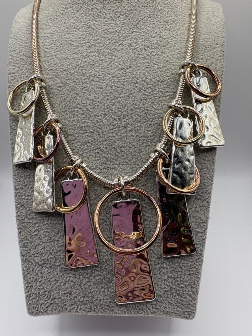 Style & Co. Mixed Metal Hammered Pendant Necklace Rosetone Silver Panel